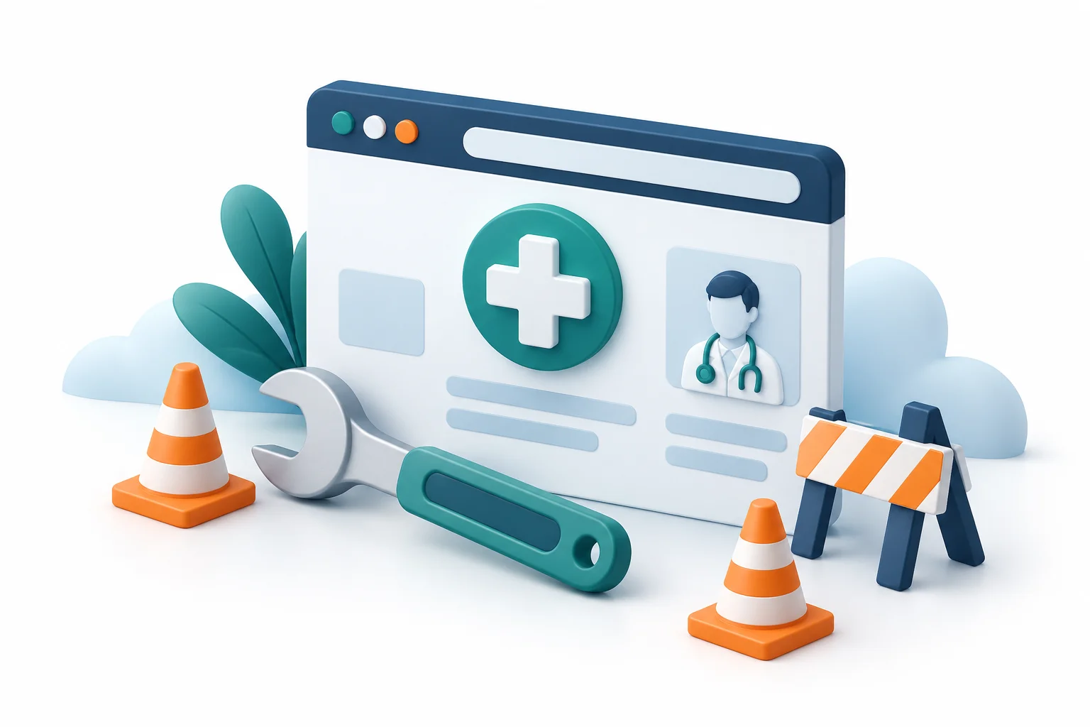 Illustration d’un site médical en travaux avec des outils de maintenance