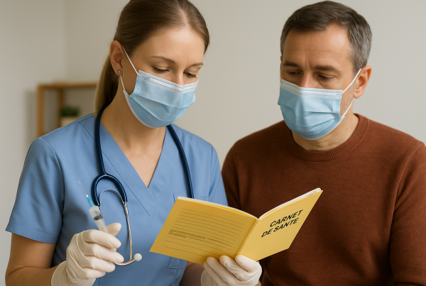 un homme se fait vacciner par une infirmière qui regarde son carnet de santé