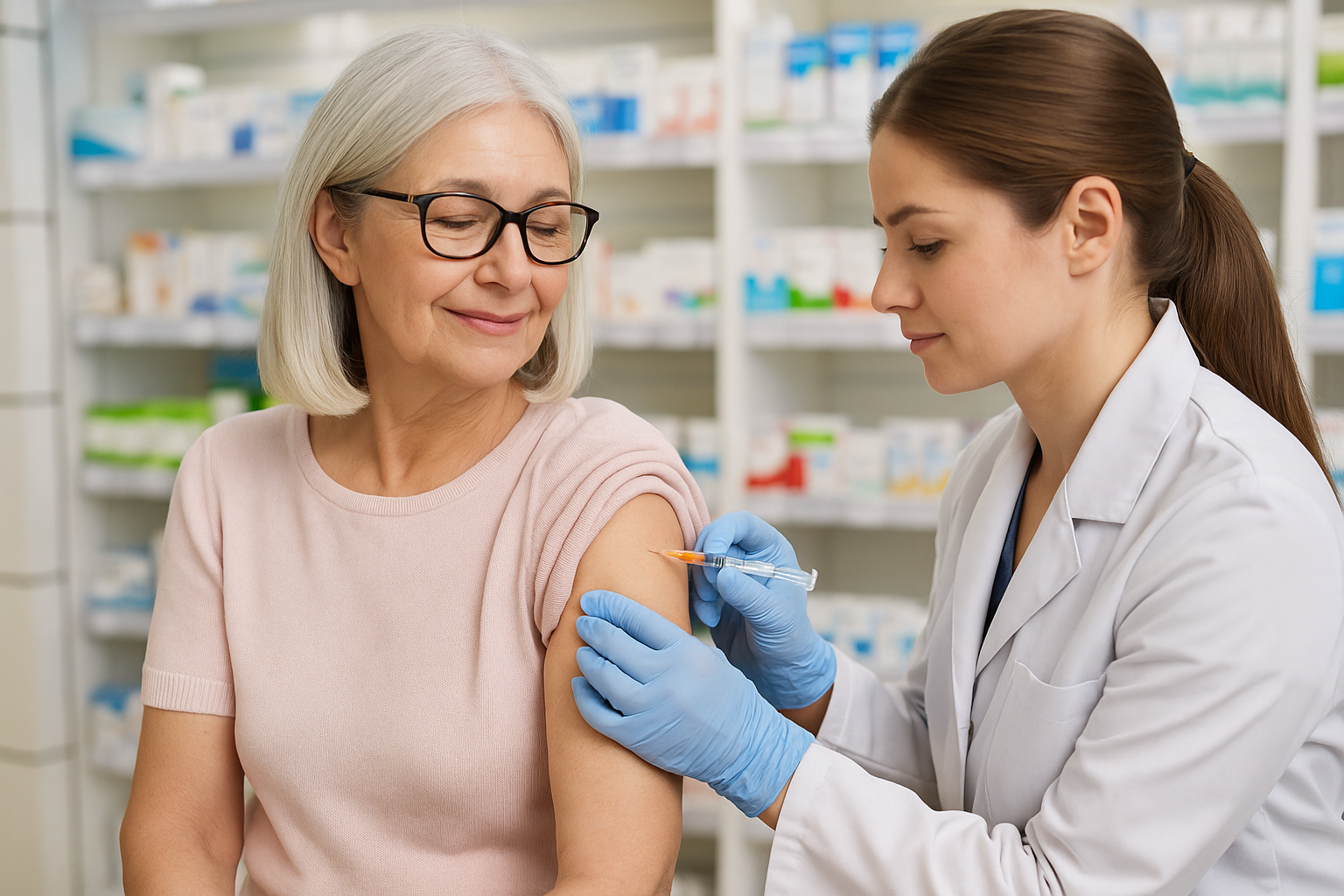 une femme senior se fait faire son vaccin contre la grippe par le pharmacien
